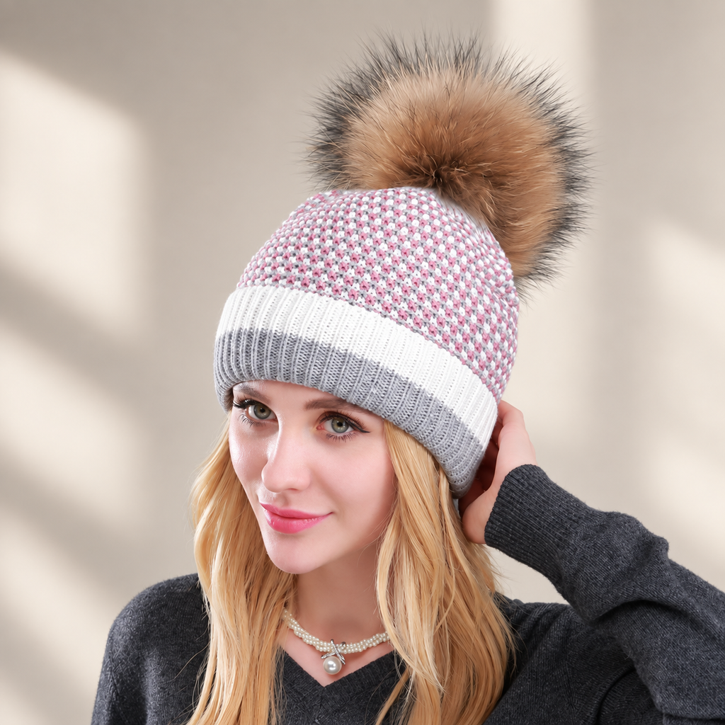Marcella Patterned Knit Pom-Pom Beanie – Ribbed Cuff Winter Hat