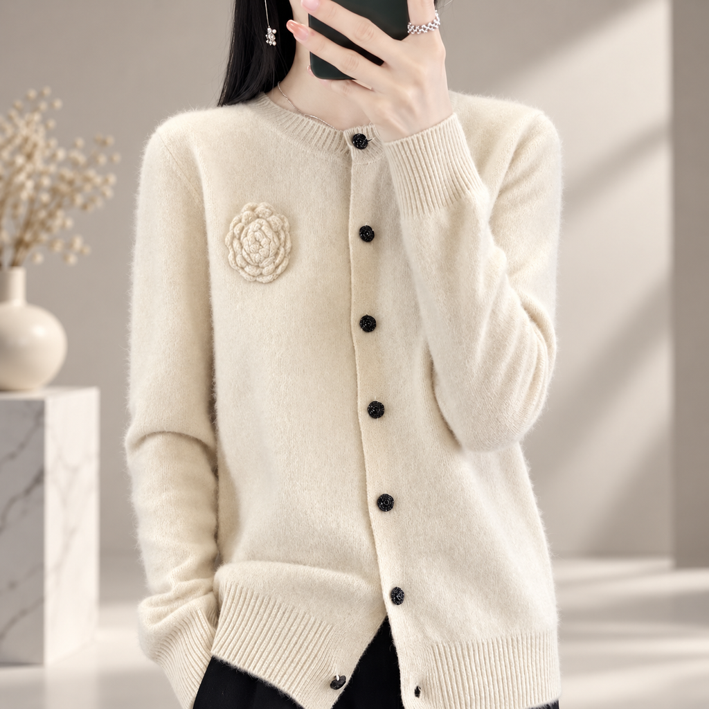 Elena Floral Appliqué Button Cardigan – Women’s Crew Neck Knit Sweater