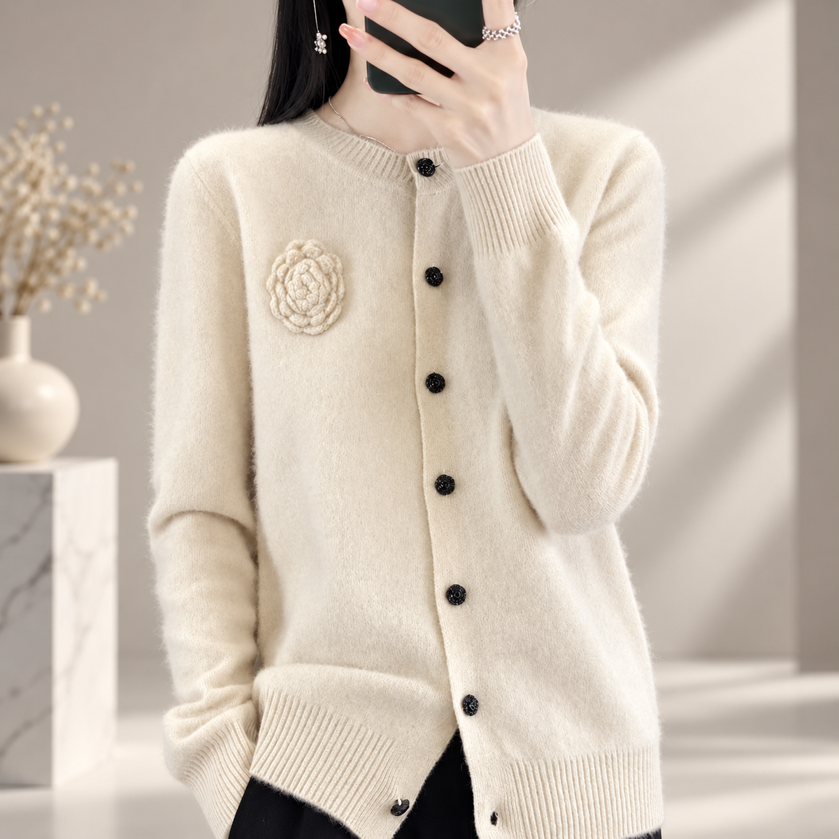 Elena Floral Appliqué Button Cardigan – Women’s Crew Neck Knit Sweater