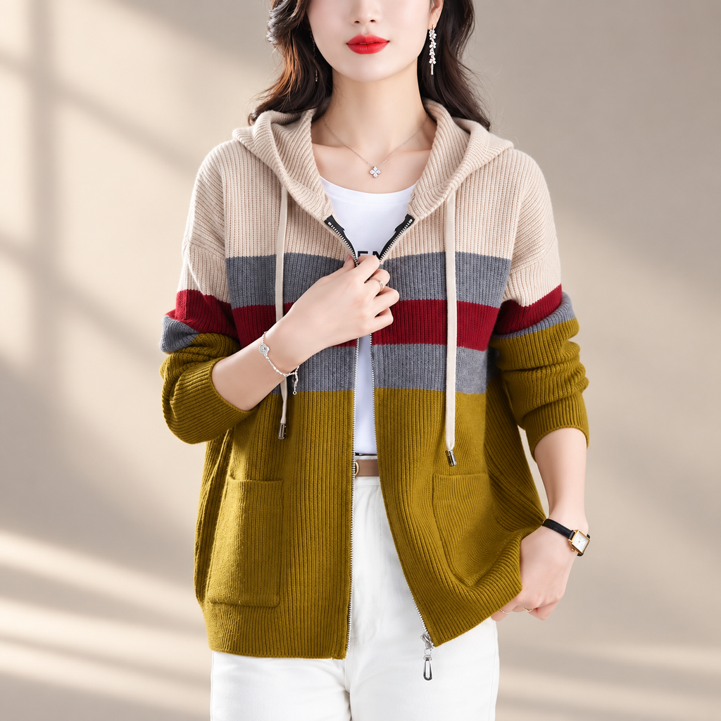 Adriana Women's Colorblock Zip-Front Hooded Knit Cardigan with Pockets