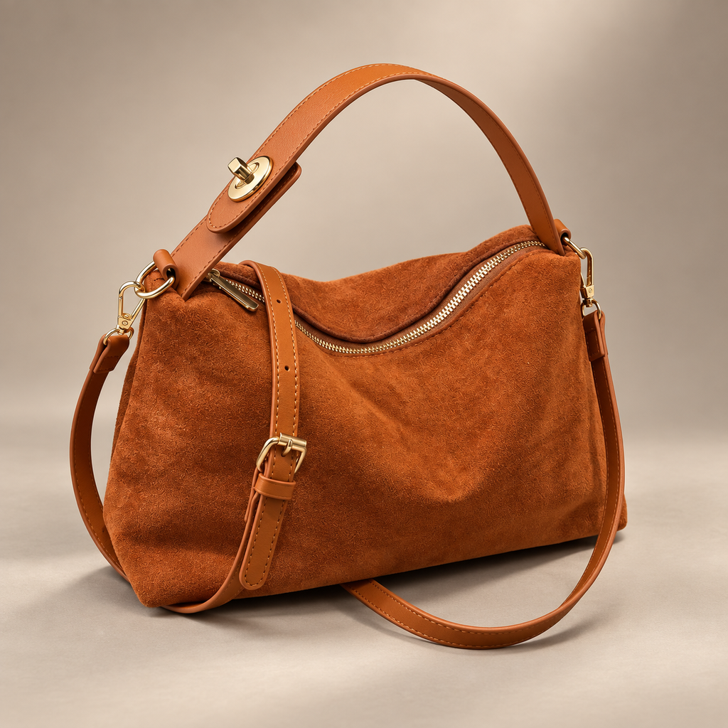 Alessia Suede-Look Shoulder Bag with Top Handle and Adjustable Crossbody Strap