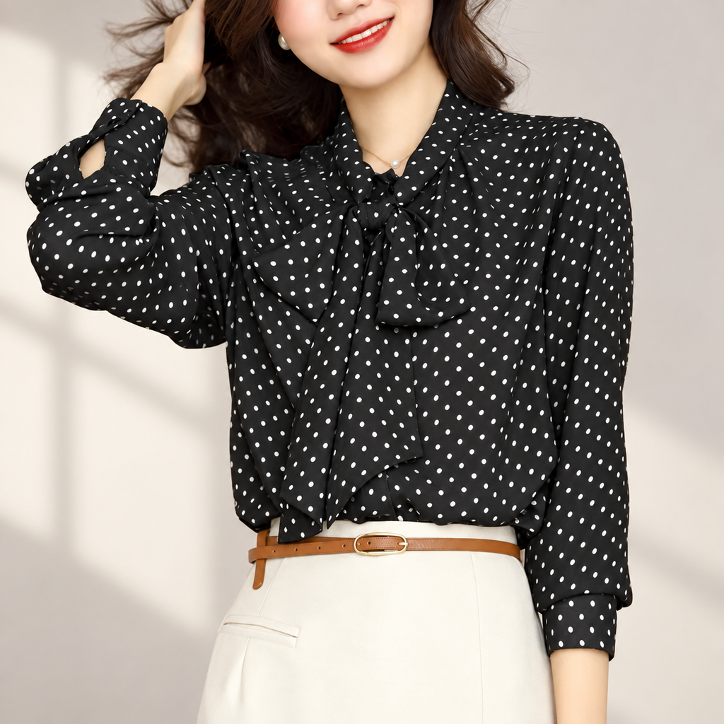 Vivienne Polka Dot Bow Tie Long Sleeve Blouse