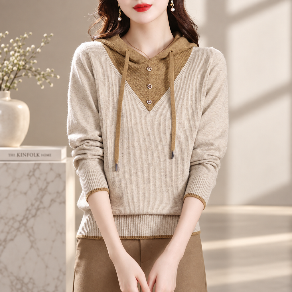 Genevieve Colorblock Hooded Knit Sweater with Button Detail