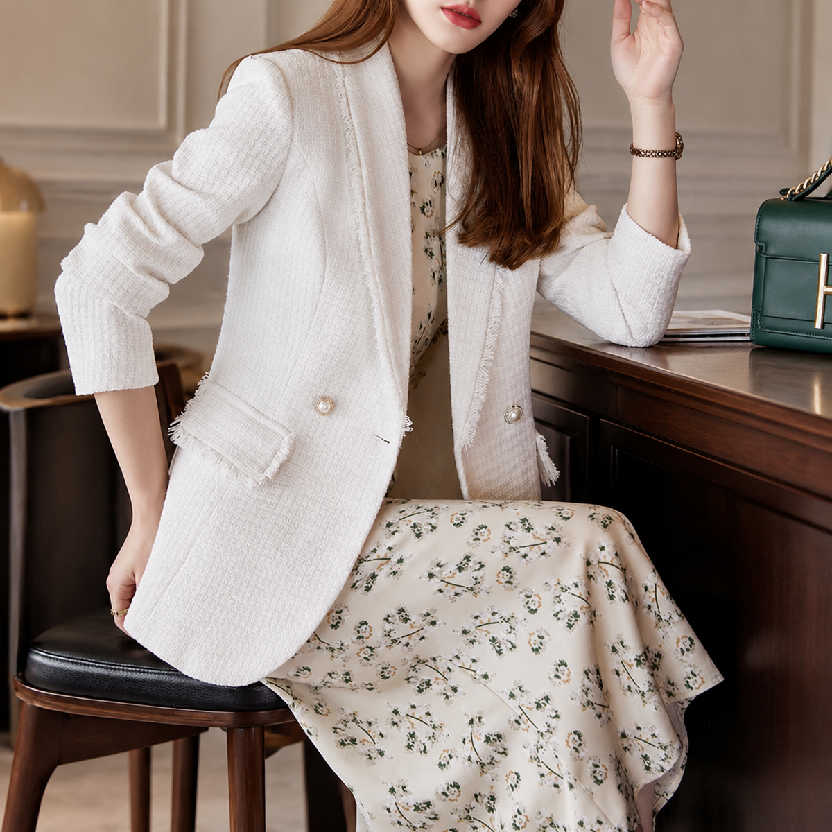 Genevieve Women’s Tweed Pearl Button Blazer