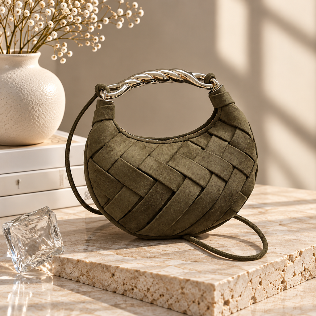 Elodie Woven Crescent Handbag – Suede-Look Shoulder & Crossbody Bag