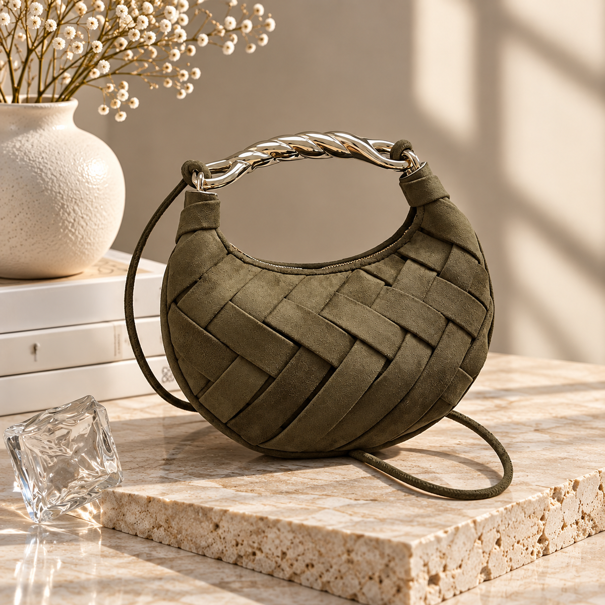 Elodie Woven Crescent Handbag – Suede-Look Shoulder & Crossbody Bag