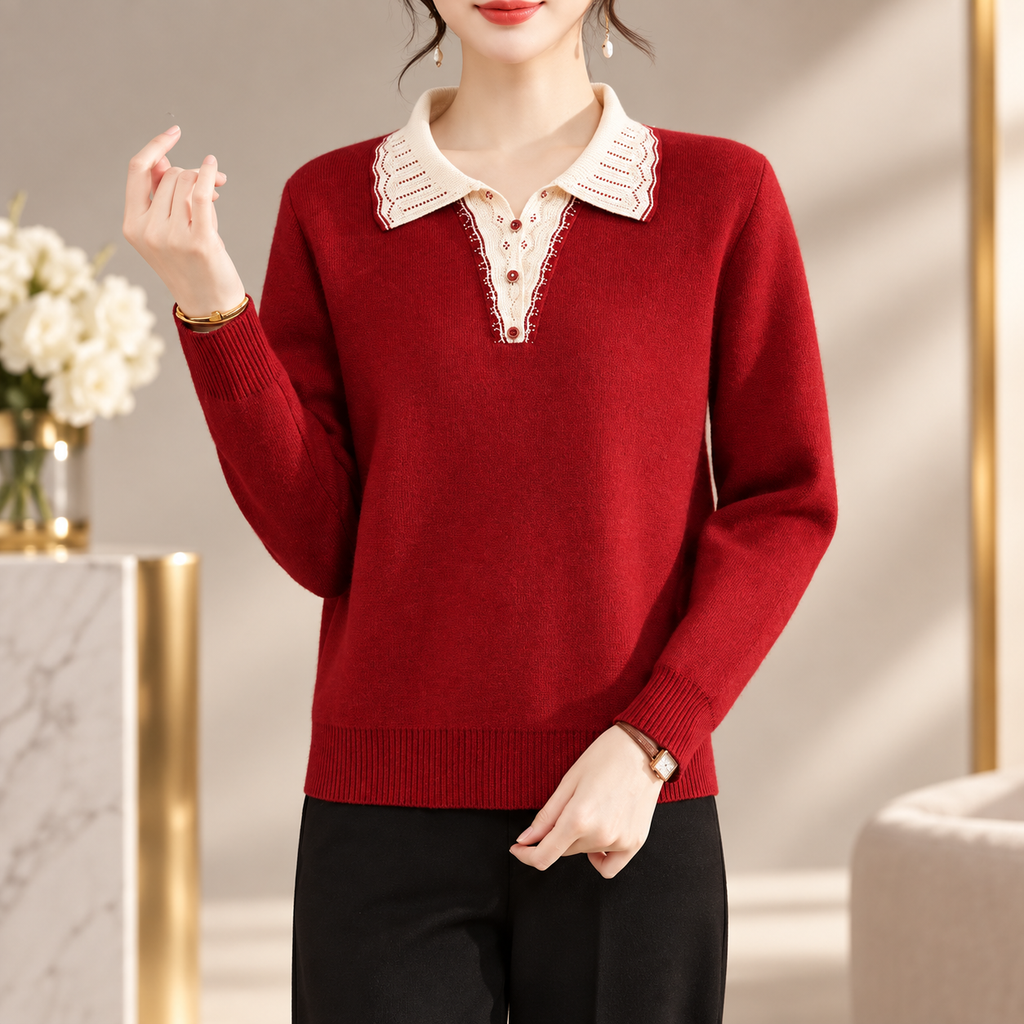 Genevieve Women's Contrast Collar Knit Sweater with Decorative Button Detail