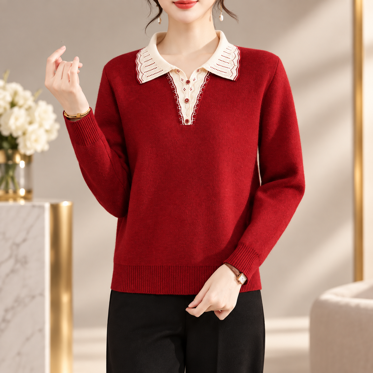 Genevieve Women's Contrast Collar Knit Sweater with Decorative Button Detail