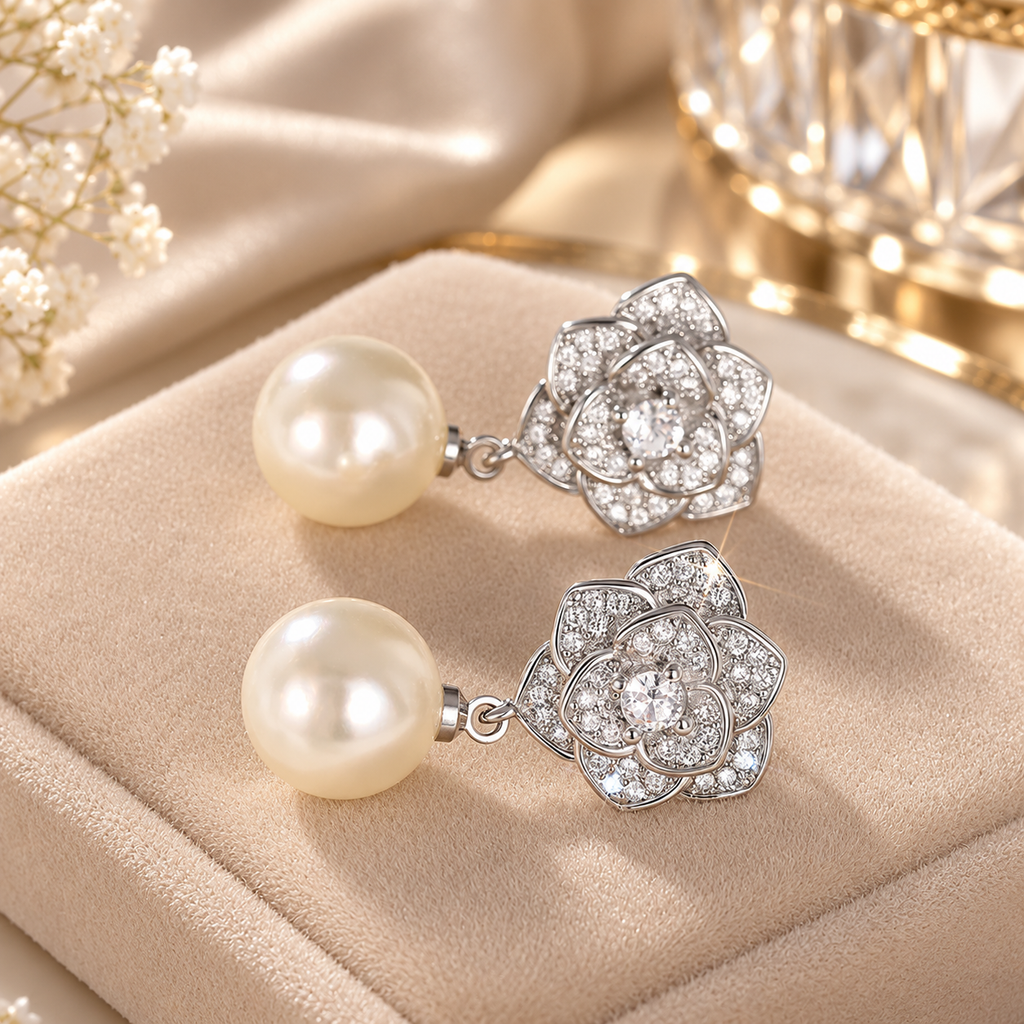 Colette Crystal Flower Pearl Drop Earrings