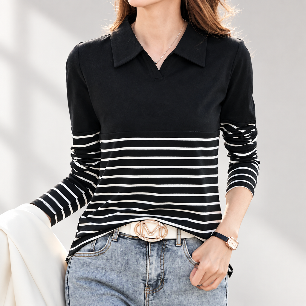 Audrey Striped Polo Long Sleeve Top – Collared Casual Shirt