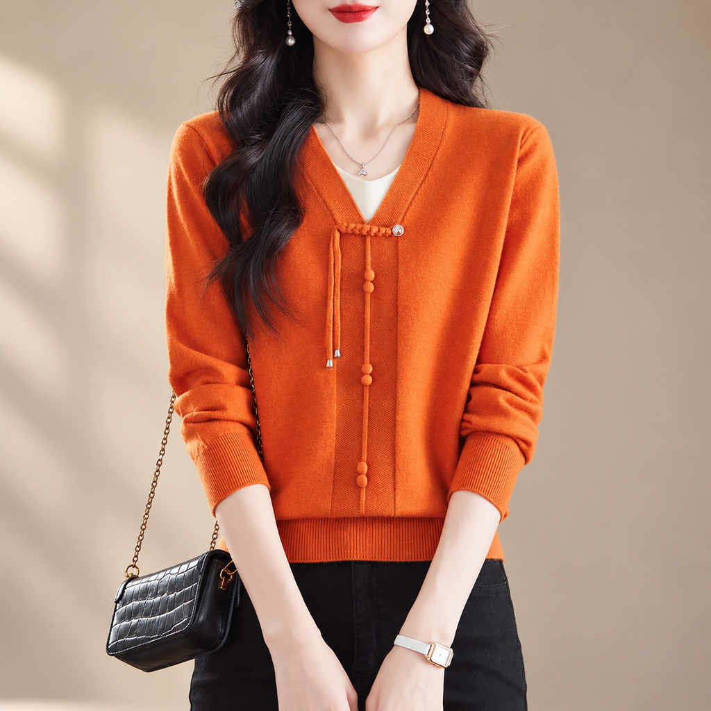 Alessia Women's V-Neck Knit Sweater with Decorative Tie Detail