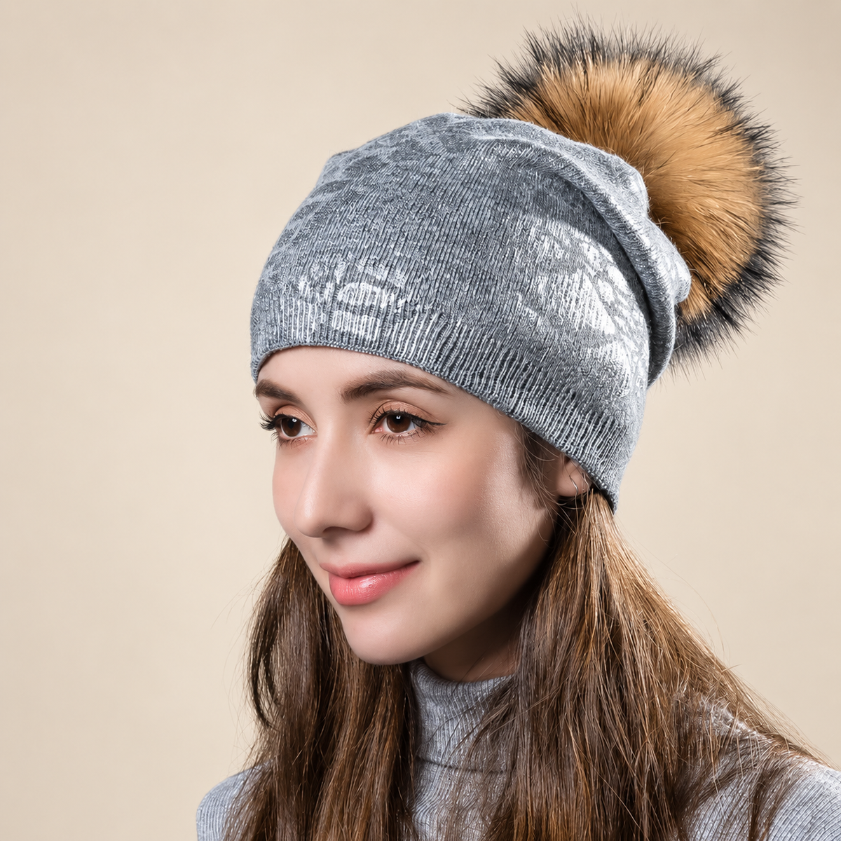 Alessia Women’s Metallic Animal Print Pom-Pom Beanie