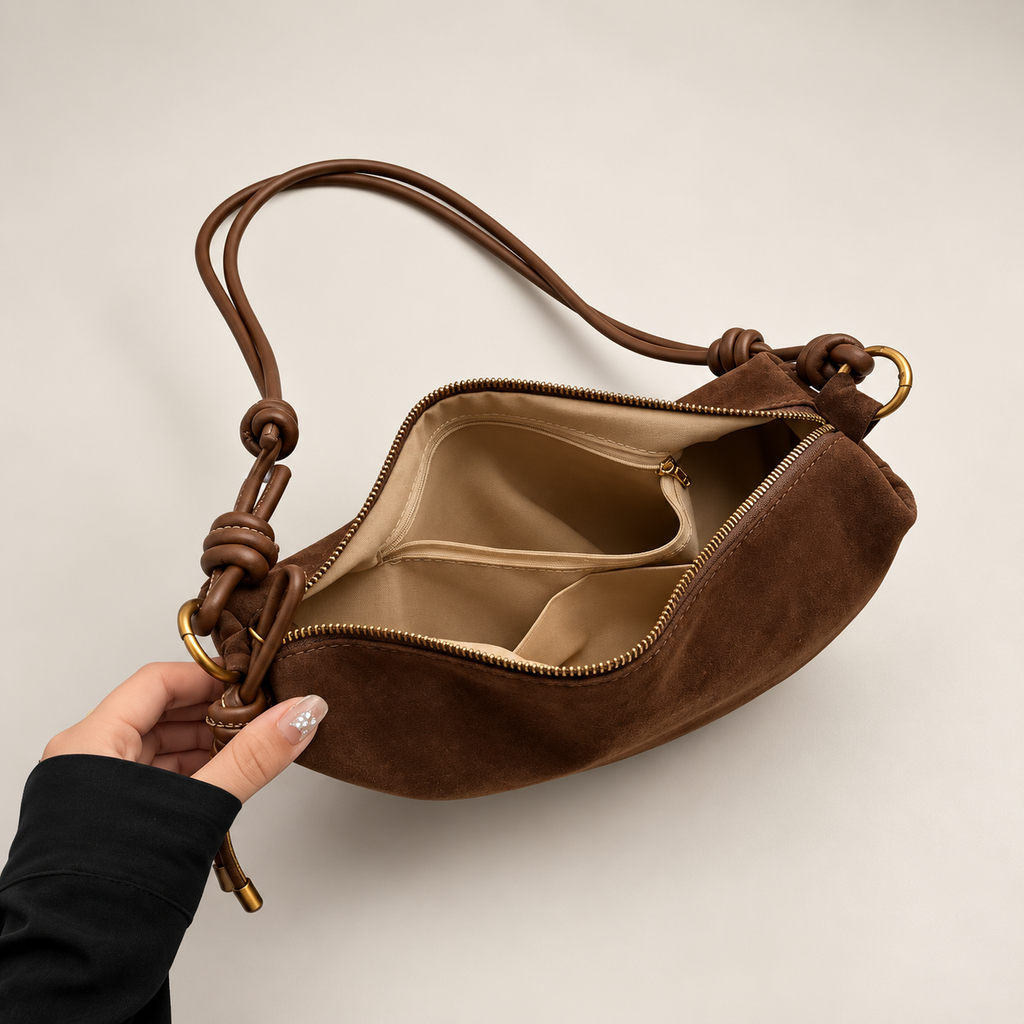 Elodie Crescent Suede-Look Crossbody Bag with Knotted Strap