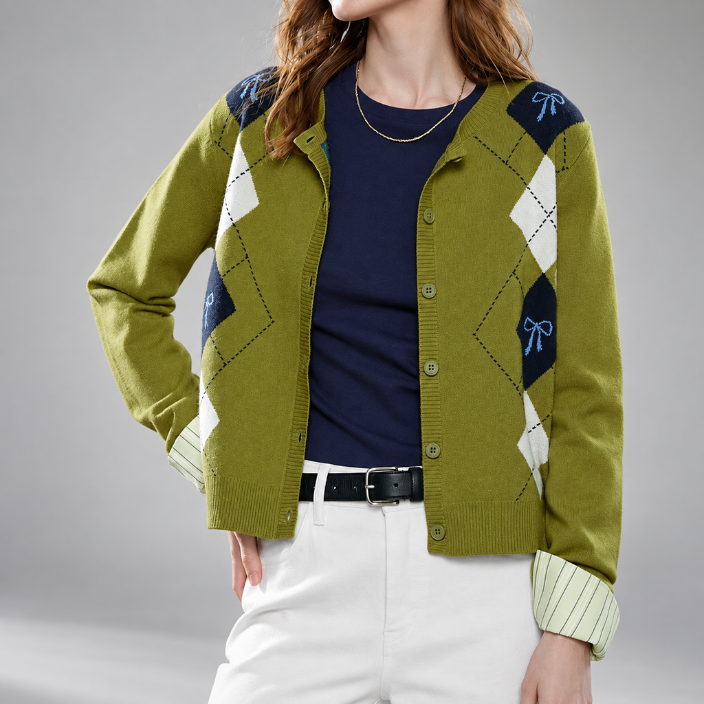 Harriet Argyle Button Front Knit Cardigan – Women’s Diamond Pattern Crew Neck Sweater
