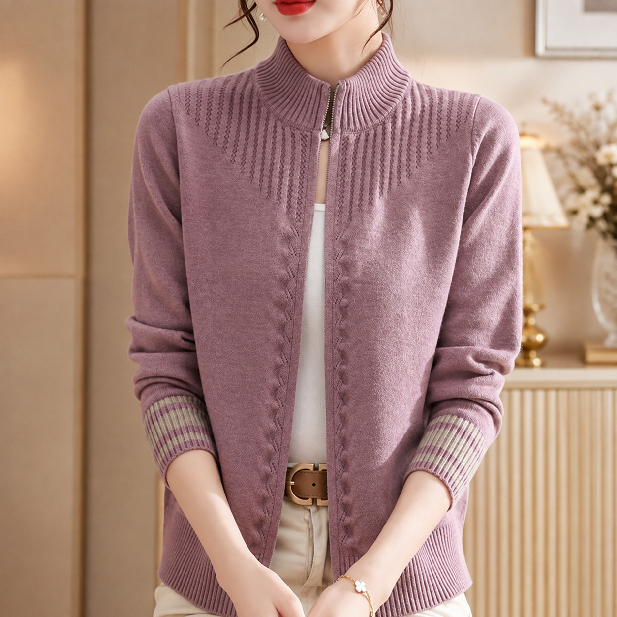Rosalie Women’s Zip-Up Knit Cardigan with Ribbed Collar