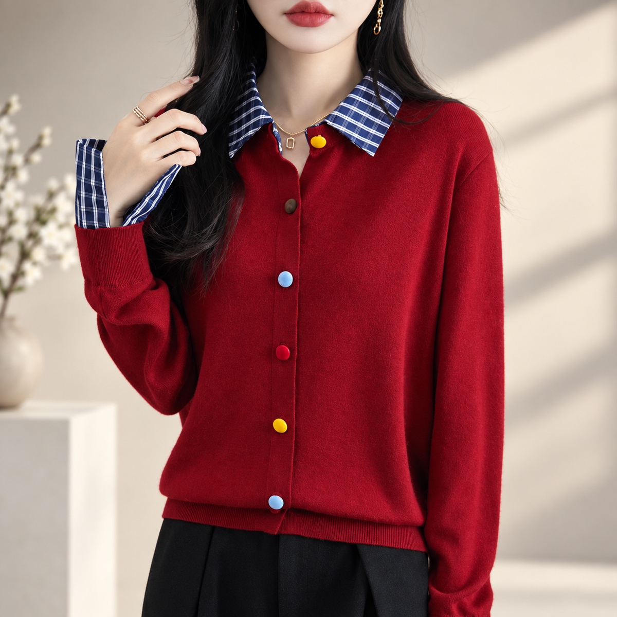 Lucienne Women's Plaid Collar Knit Cardigan with Multicolor Buttons