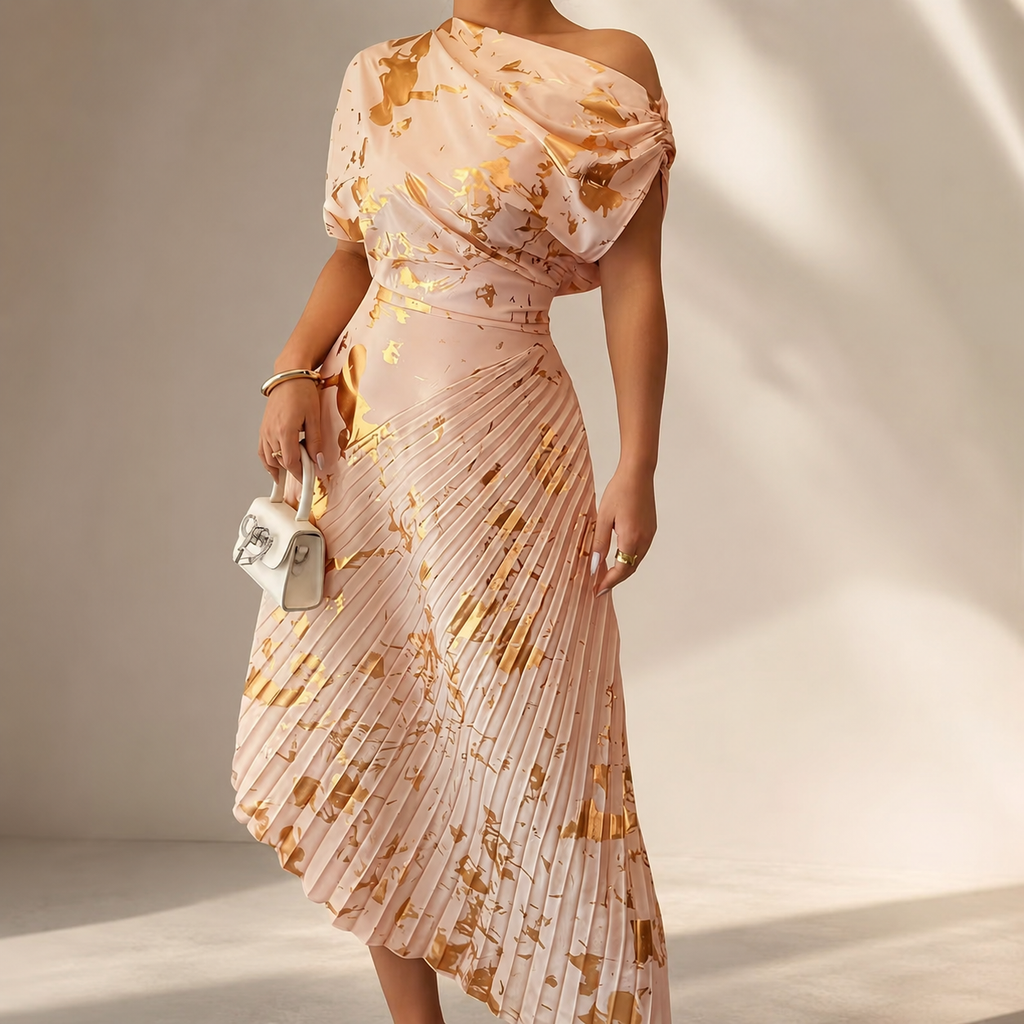 Natalie’s One-Shoulder Metallic Print Pleated Dress