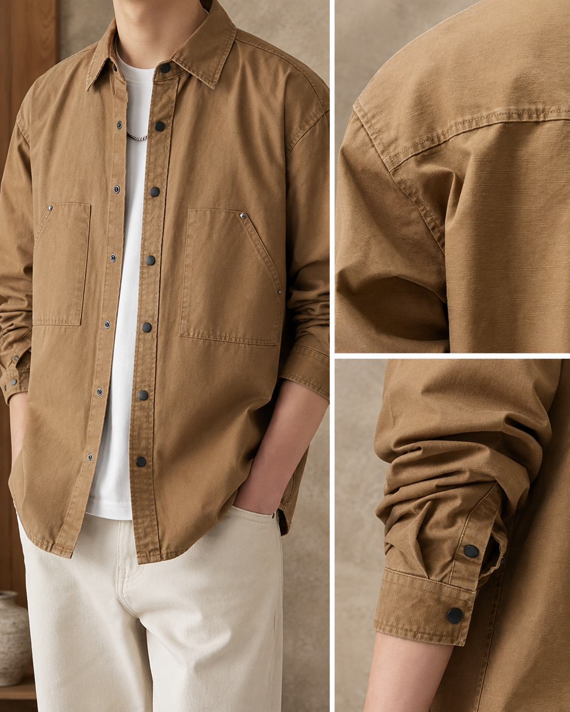 Callum Men’s Cargo Shirt – Long Sleeve Utility Button-Up with Front Pockets