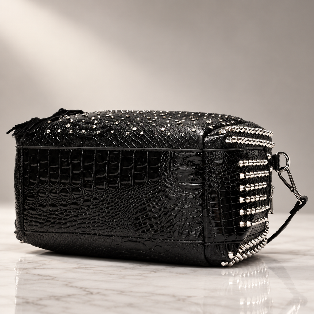 Camille Studded Reptile-Texture Satchel Handbag with Detachable Strap