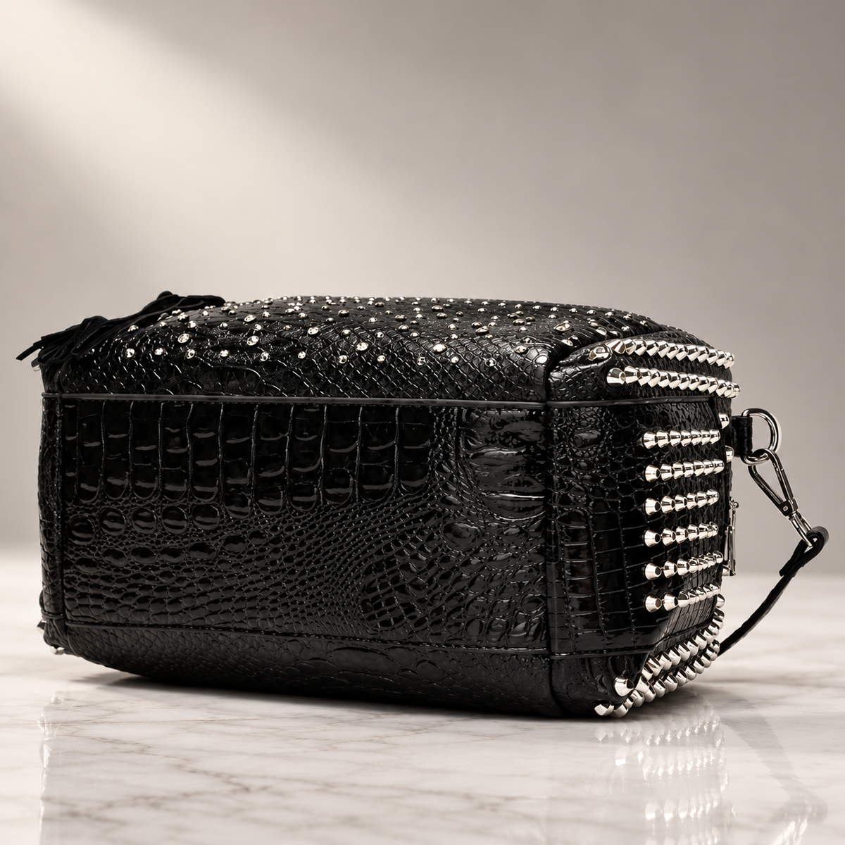 Camille Studded Reptile-Texture Satchel Handbag with Detachable Strap