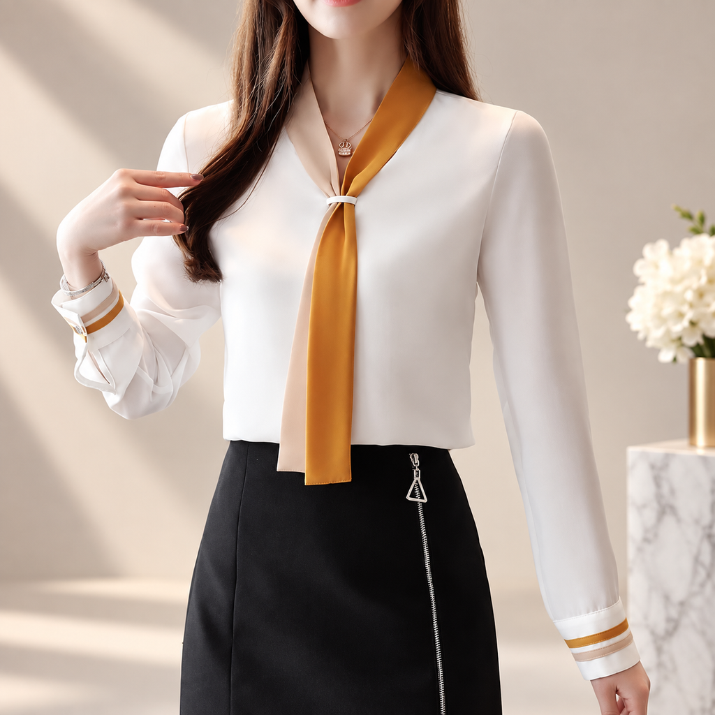 Madeleine Contrast Scarf Neck Blouse – Long Sleeve Office Top