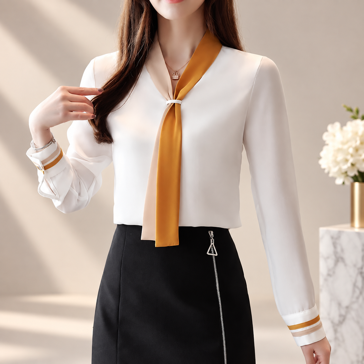 Madeleine Contrast Scarf Neck Blouse – Long Sleeve Office Top