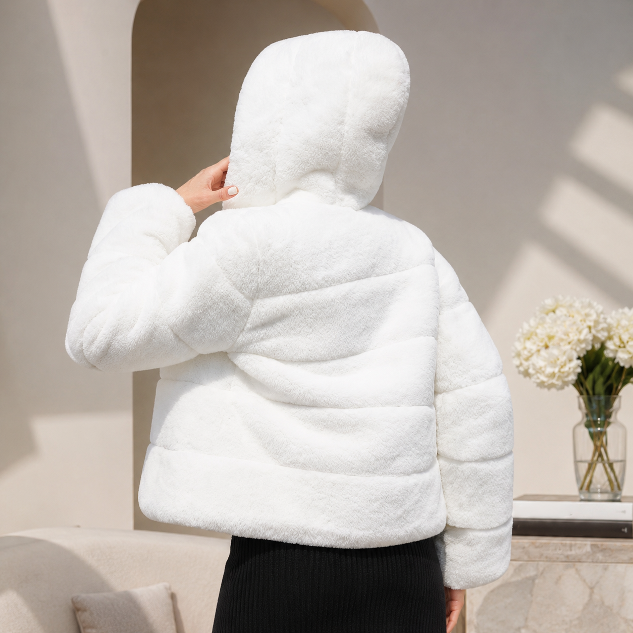 Genevieve Women’s Faux Fur Hooded Jacket – Cropped Coat