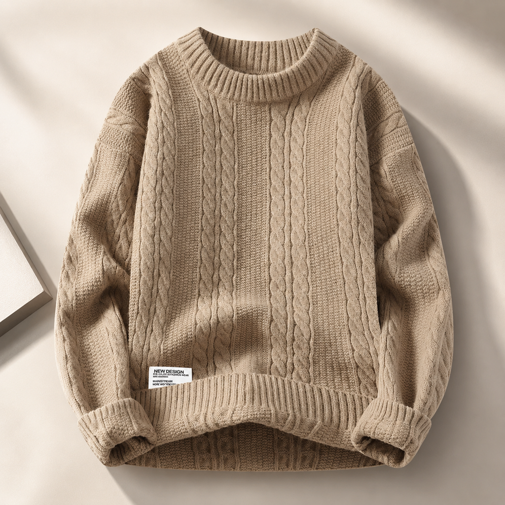 Callum Cable-Knit Crewneck Sweater – Textured Long Sleeve Pullover