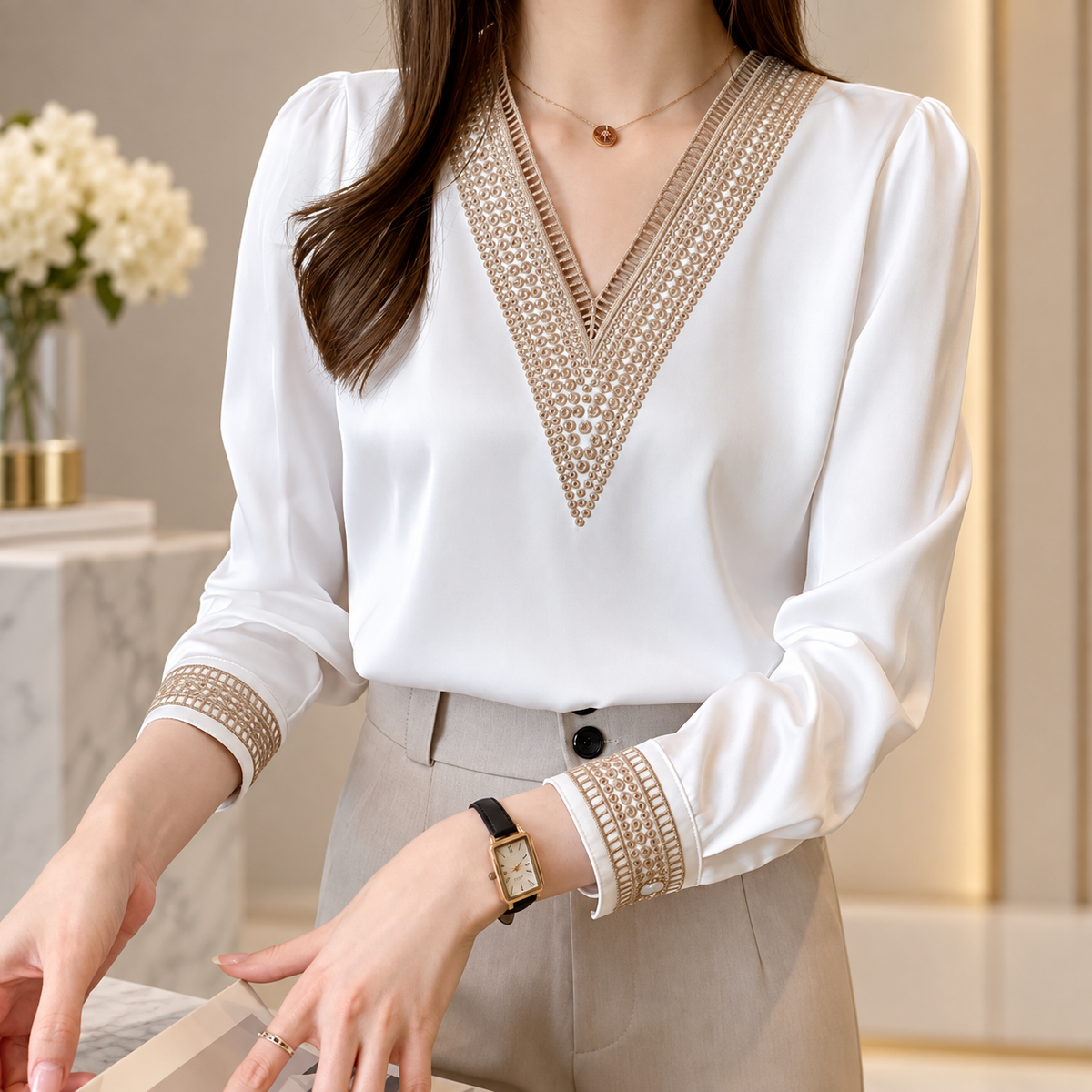 Isabella Embellished V-Neck Long Sleeve Blouse
