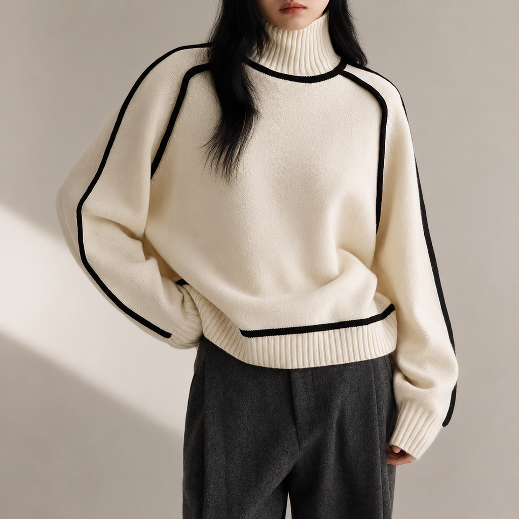 Hazel Women’s Relaxed Contrast-Trim Knit Pullover Sweater