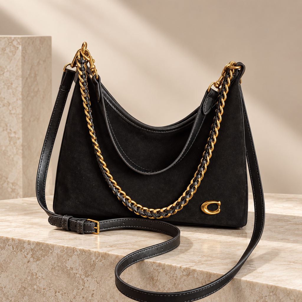Lorenza Suede-Look Hobo Shoulder Bag with Chain Detail