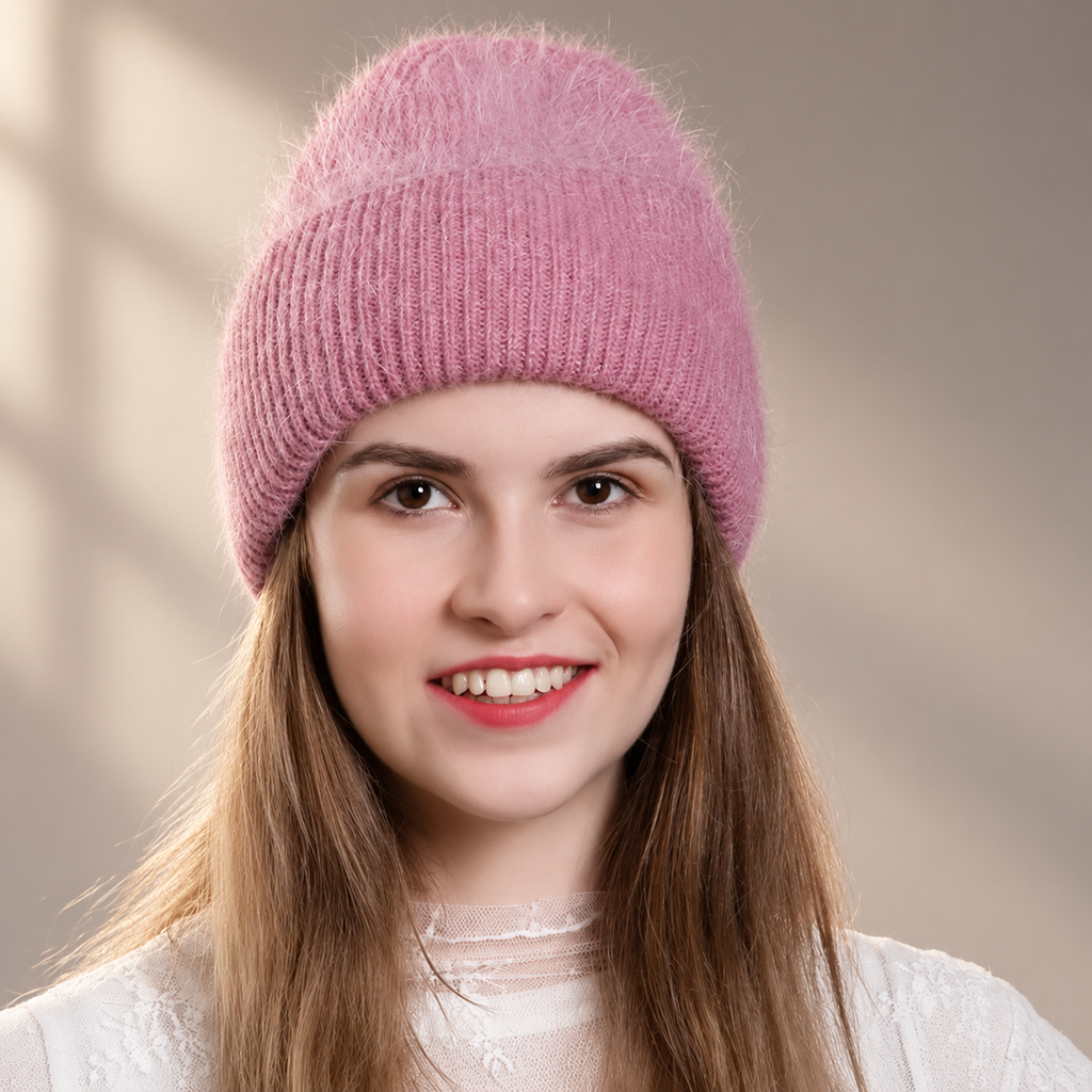 Elodie Fuzzy Knit Cuffed Beanie – Soft Ribbed Winter Hat