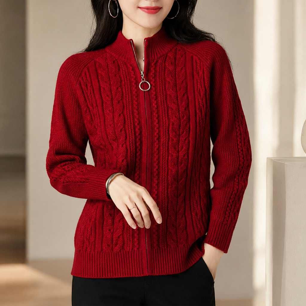 Amelia Women’s Cable Knit Zip-Up Turtleneck Cardigan