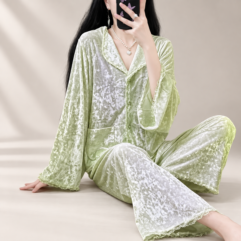 Valentina Velvet-Look Lace Trim Button-Front Pajama Set