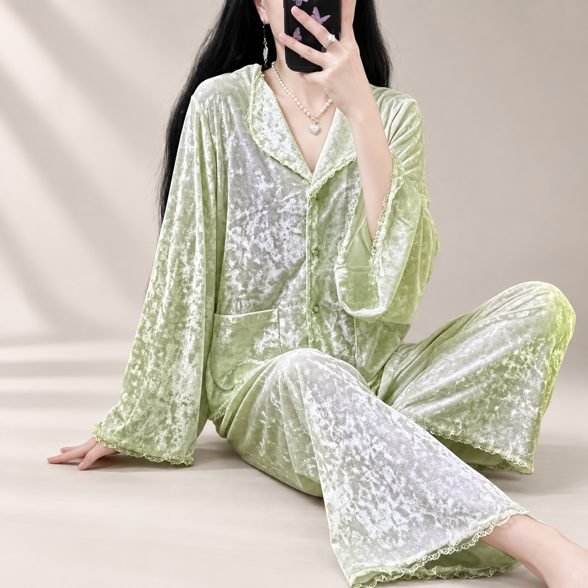 Valentina Velvet-Look Lace Trim Button-Front Pajama Set