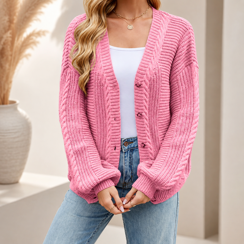 Vivienne Women’s Cable Knit V-Neck Cardigan – Button-Front Sweater