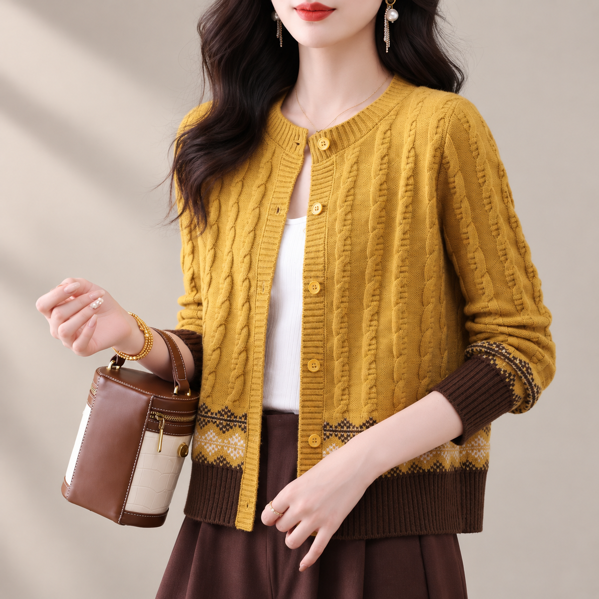 Rosalie Cable Knit Fair Isle Button Cardigan