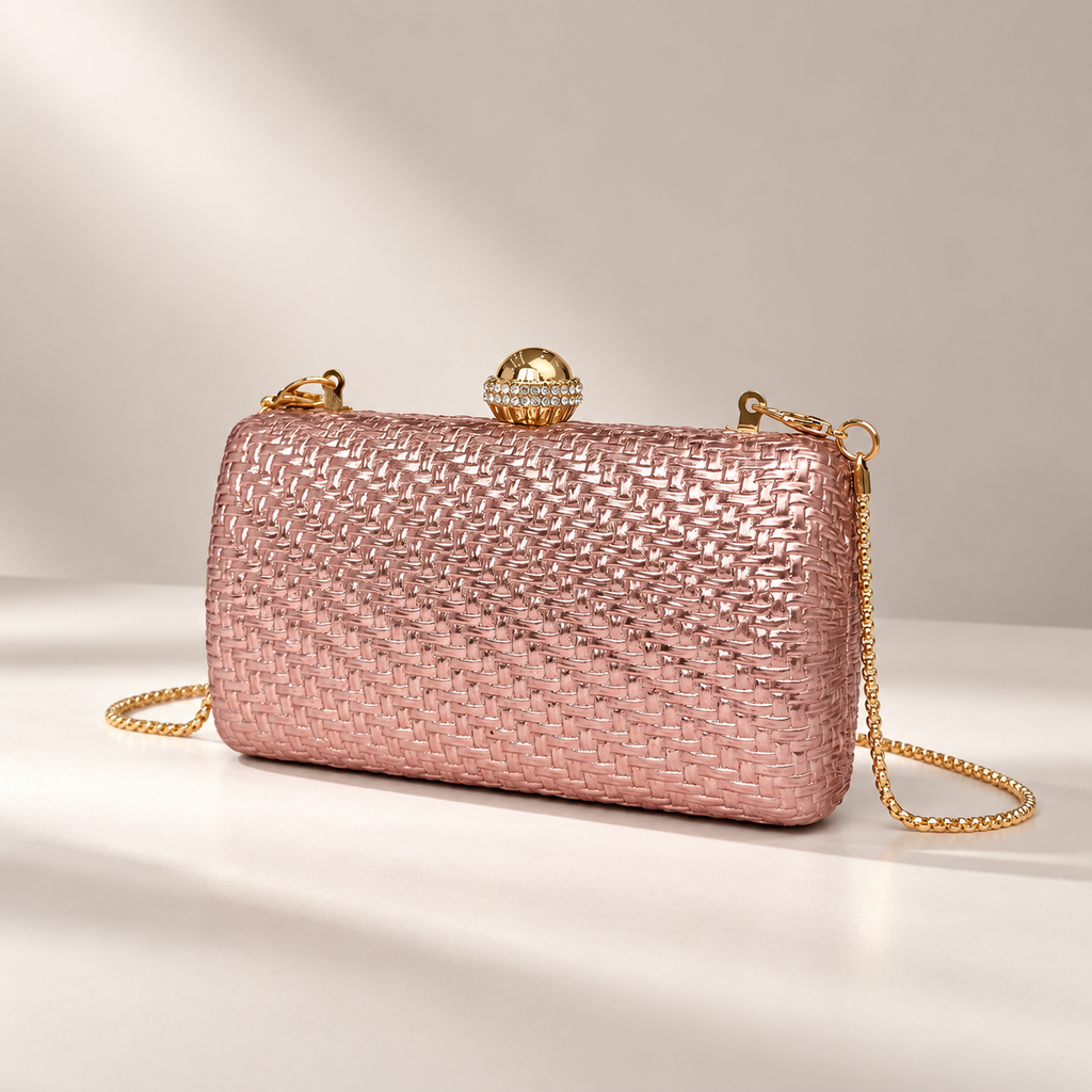 Rosalie Metallic Woven Evening Clutch with Crystal Ball Clasp & Chain Strap