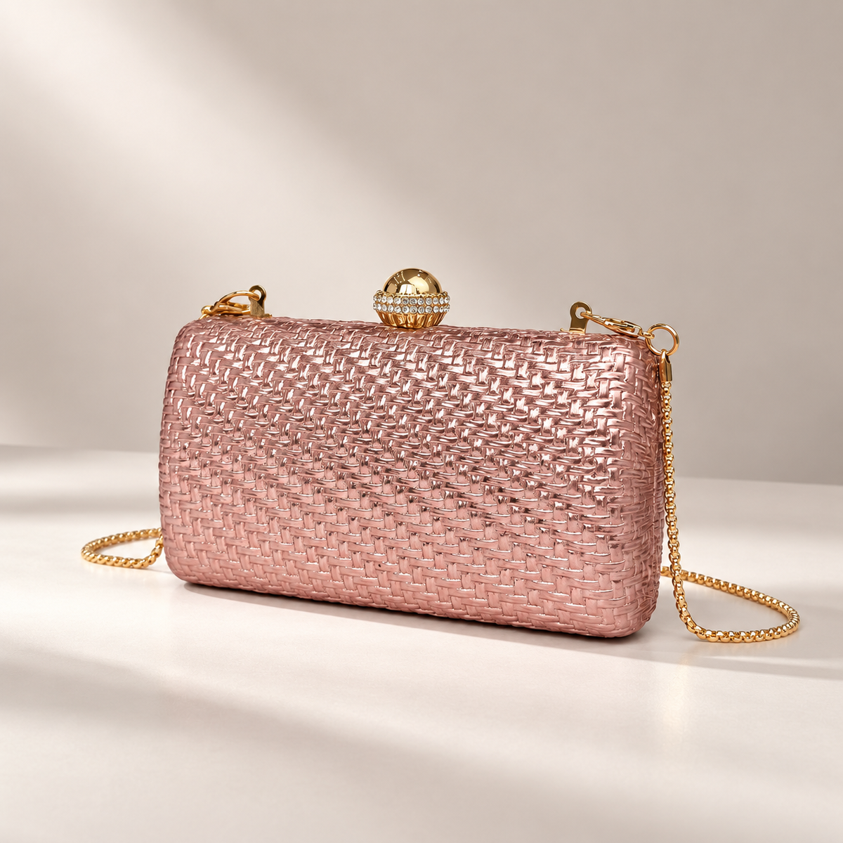 Rosalie Metallic Woven Evening Clutch with Crystal Ball Clasp & Chain Strap