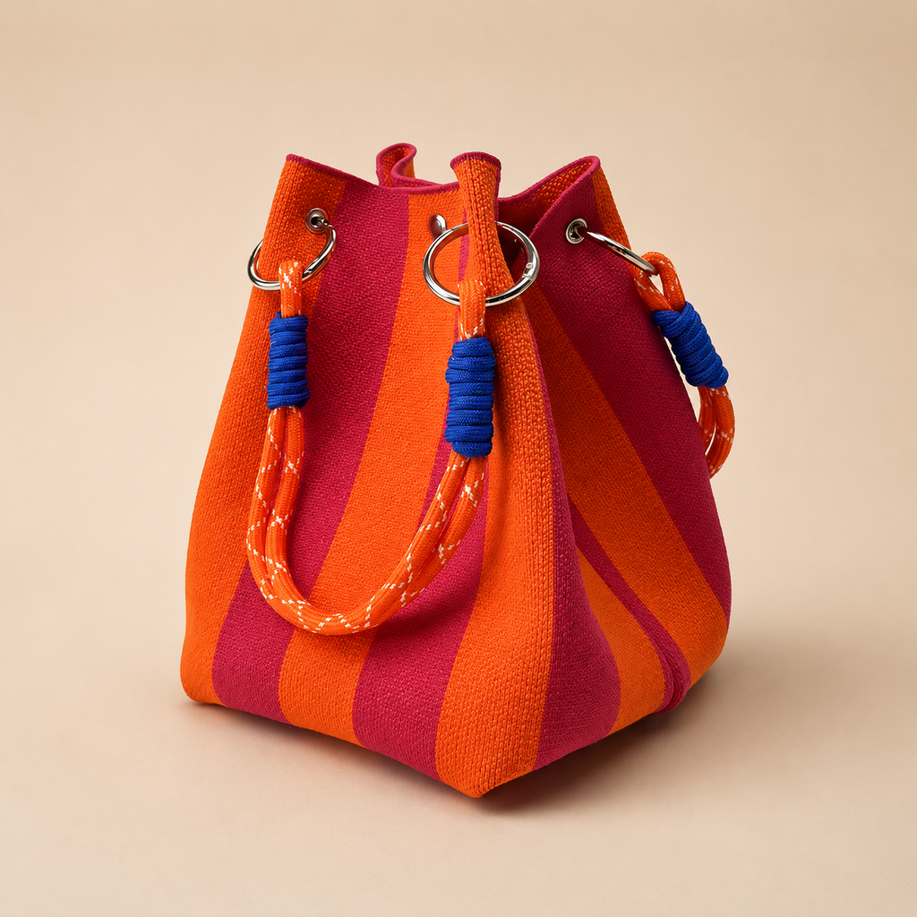 Nora’s Woven Bucket Bag with Rope Handles – Colorblock Everyday Handbag