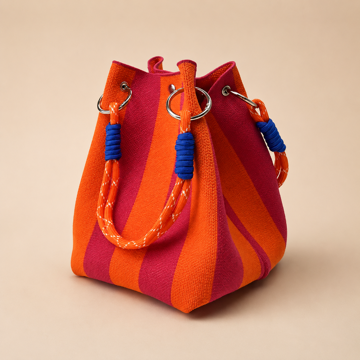 Nora’s Woven Bucket Bag with Rope Handles – Colorblock Everyday Handbag