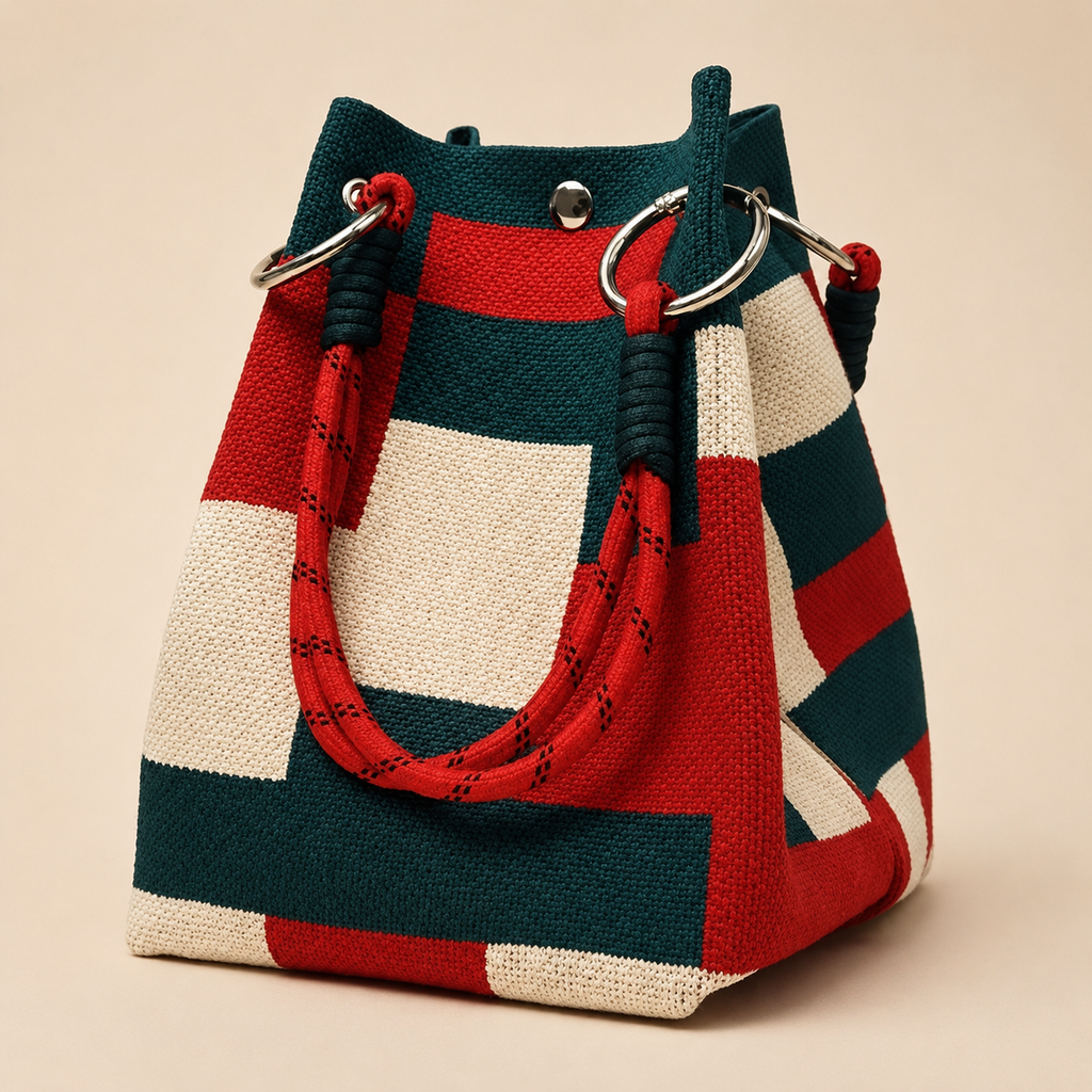 Nora’s Woven Bucket Bag with Rope Handles – Colorblock Everyday Handbag