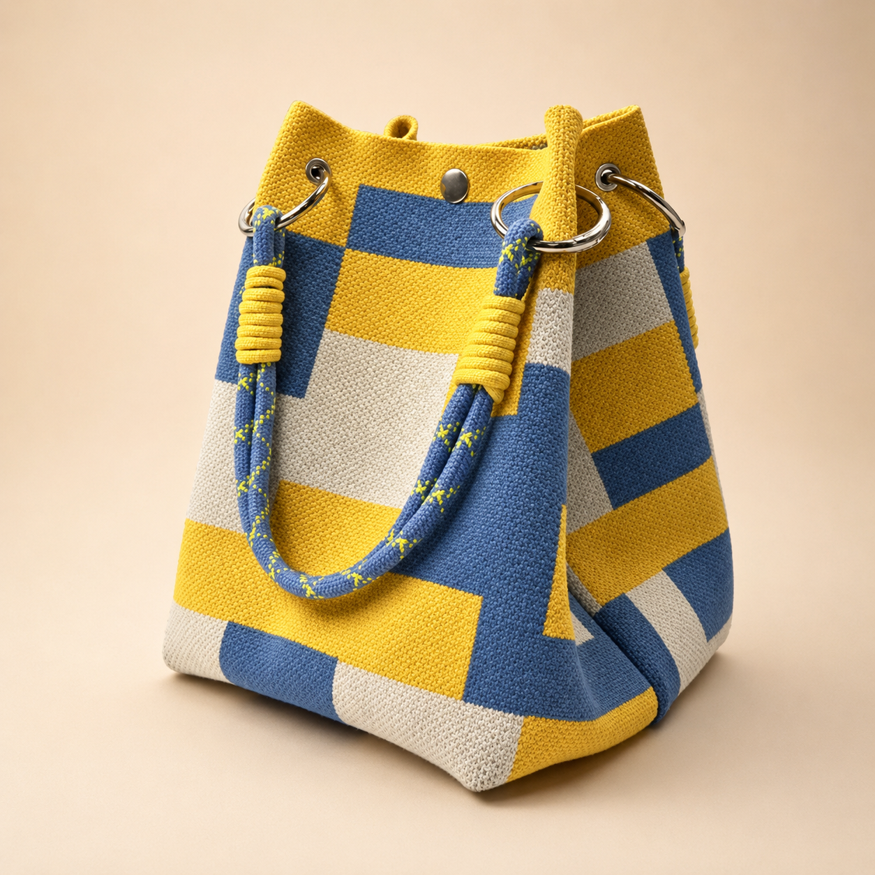 Nora’s Woven Bucket Bag with Rope Handles – Colorblock Everyday Handbag
