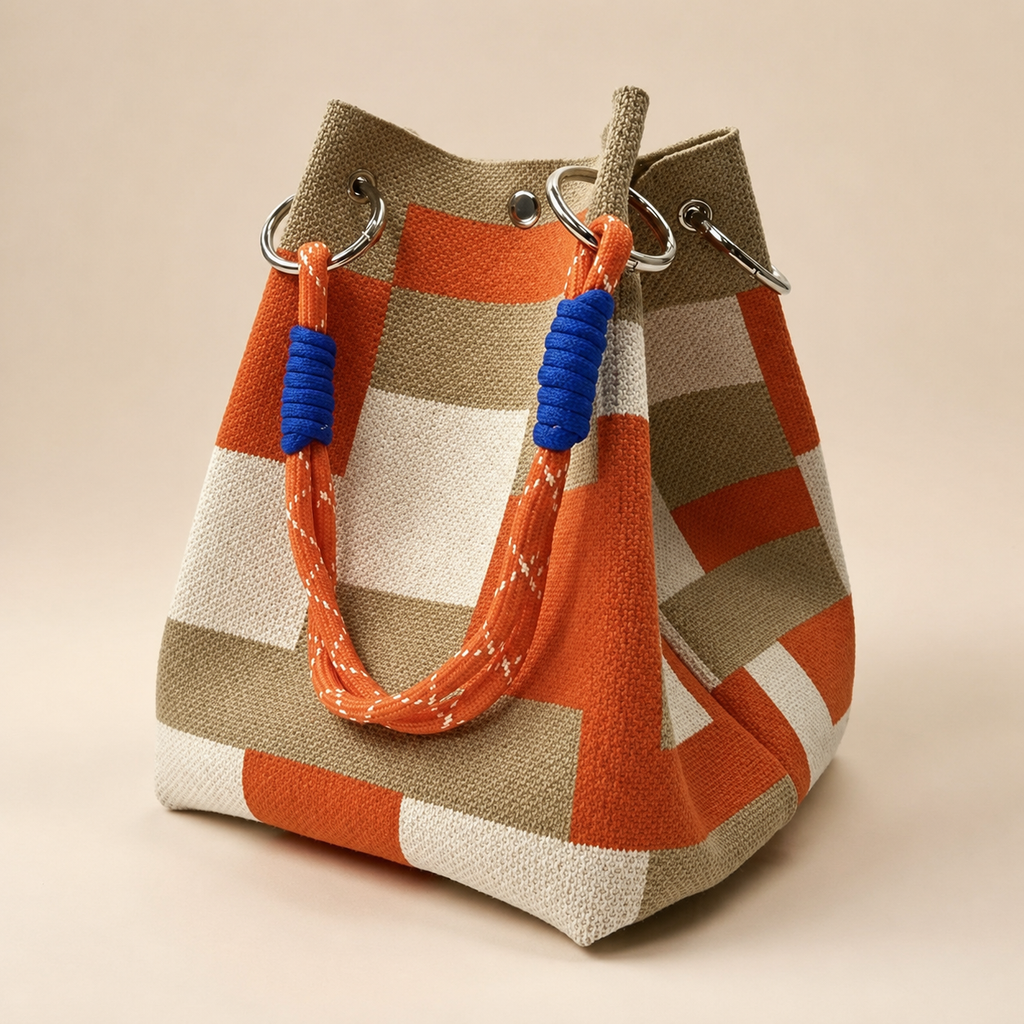 Nora’s Woven Bucket Bag with Rope Handles – Colorblock Everyday Handbag