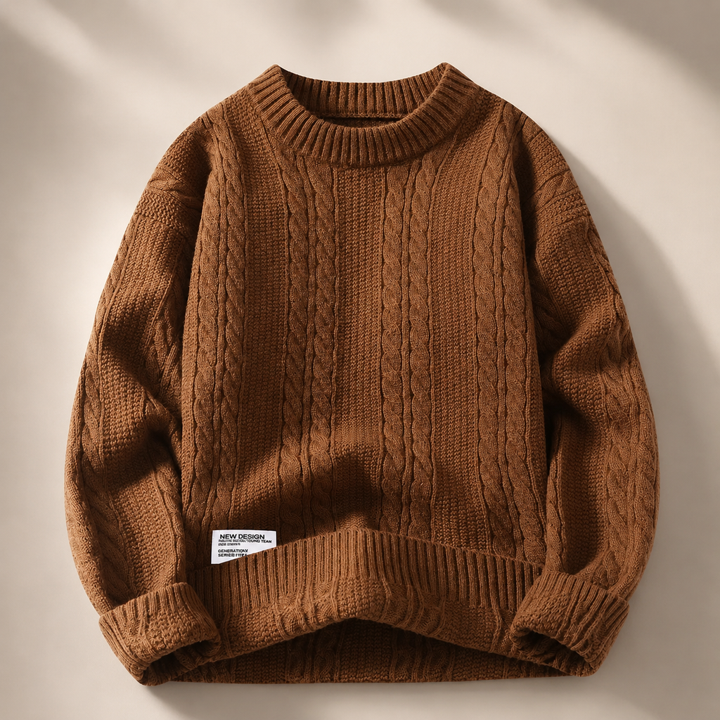 Callum Cable-Knit Crewneck Sweater – Textured Long Sleeve Pullover