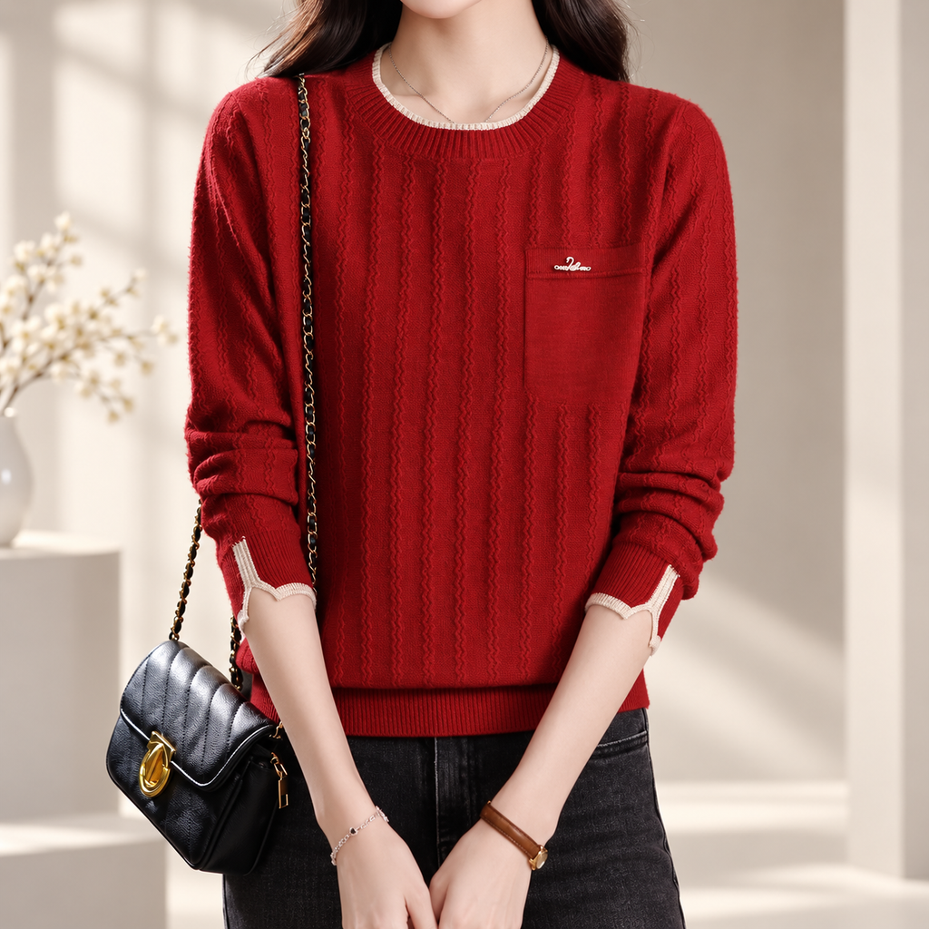 Madeleine Women’s Textured Crew Neck Knit Sweater – Long Sleeve Pullover with Chest Pocket