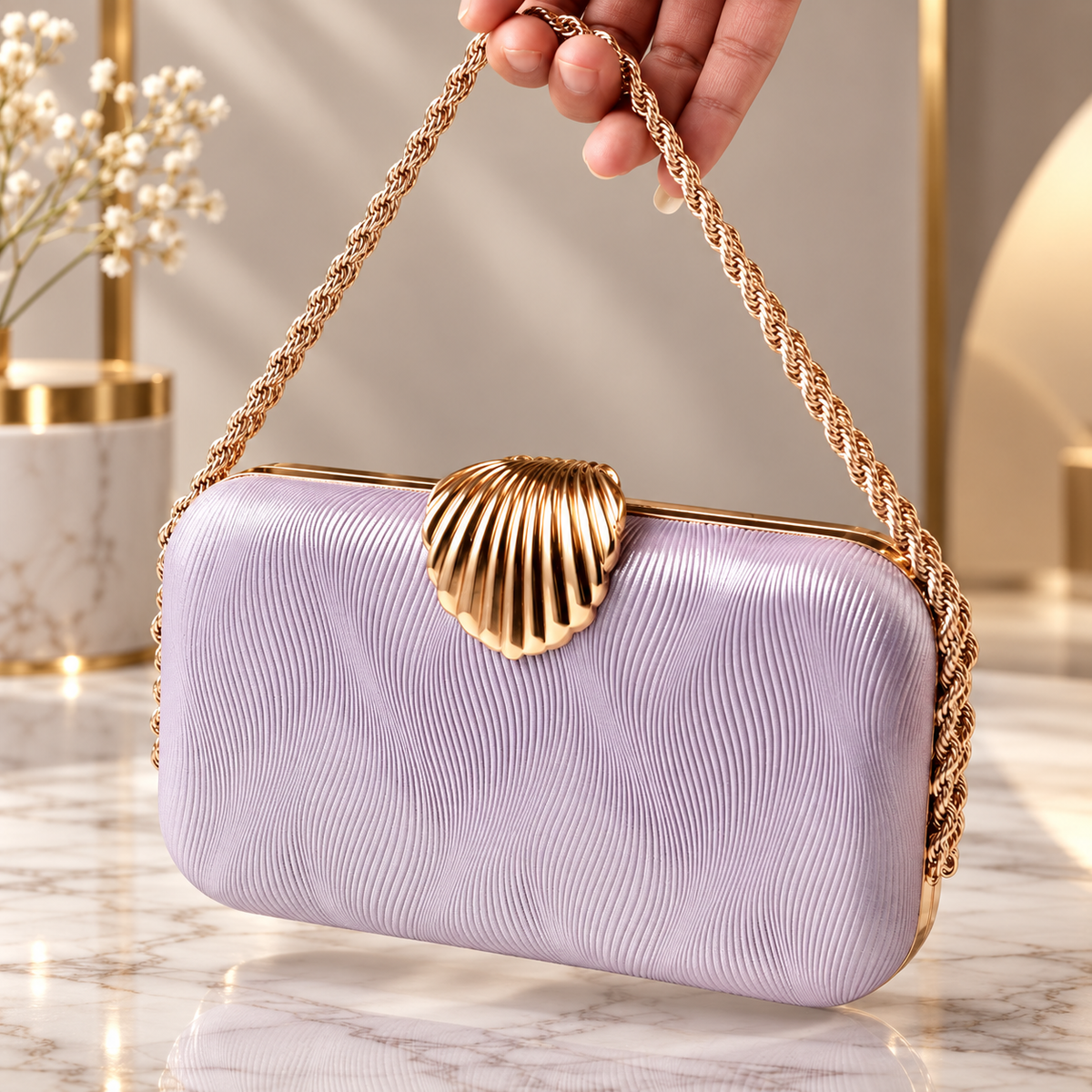 Amélie Shell Clasp Evening Clutch with Gold Chain