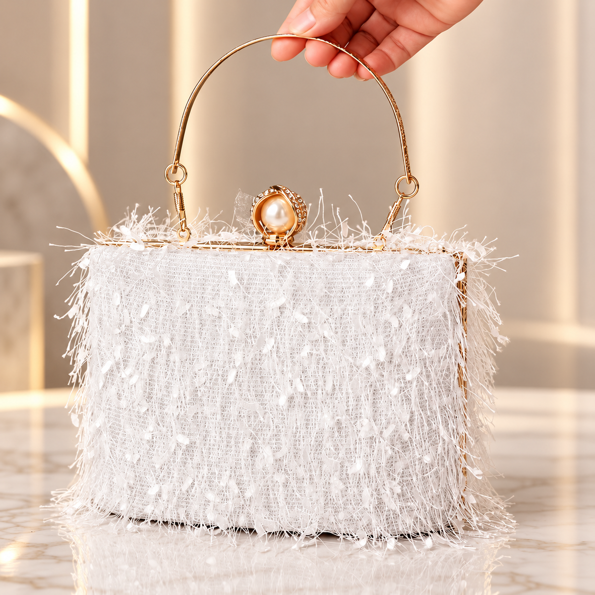 Vivienne Pearl Fringe Evening Clutch Bag with Gold Handle
