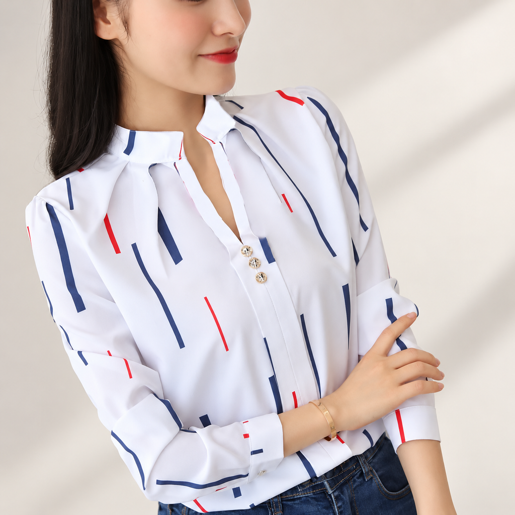 Marianne Women's Printed Split-Neck Long Sleeve Blouse with Button Detail