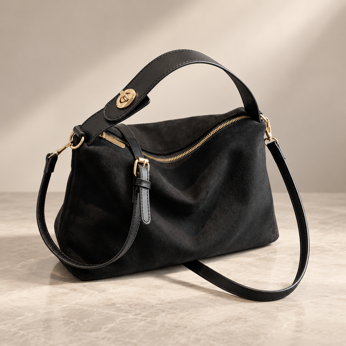 Alessia Suede-Look Shoulder Bag with Top Handle and Adjustable Crossbody Strap